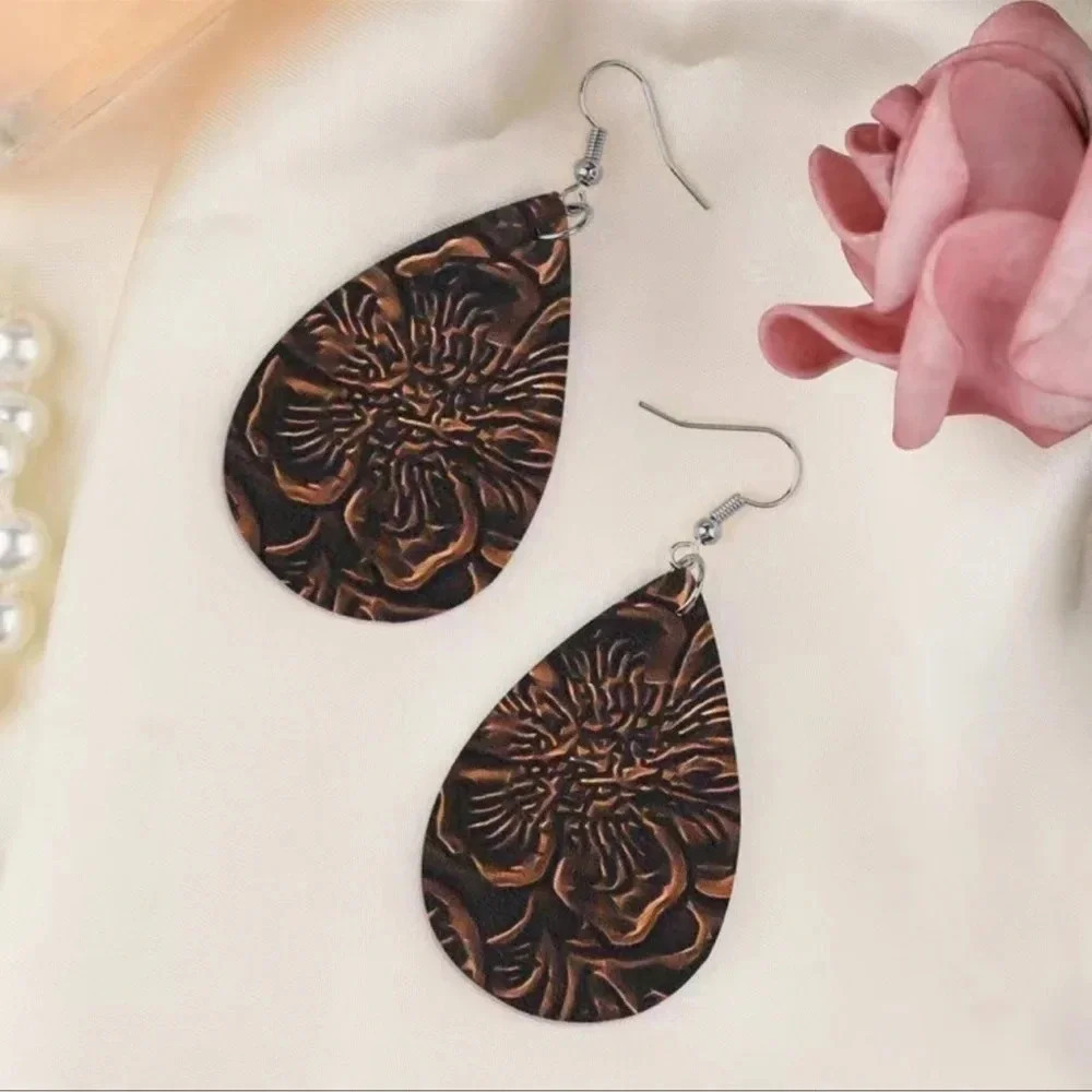 Faux Leather Flower Drop Hoop Earrings